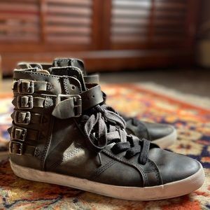 Frye Dylan Leather High Top Buckle Sneakers